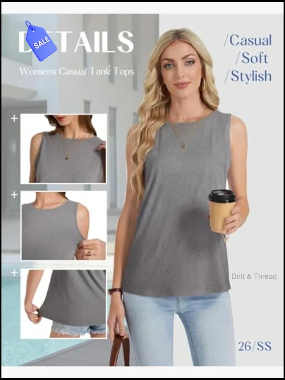 3 Pack Womens Tank Tops - Crew Neck Sleeveless Loose Fit Summer Tanks